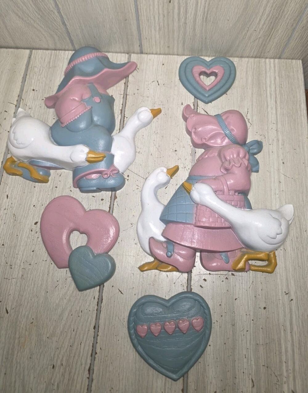 Vintage Burwood Boy & Girl W/Geese & Hearts Wall Plaques Cottagecore GrandmaCore